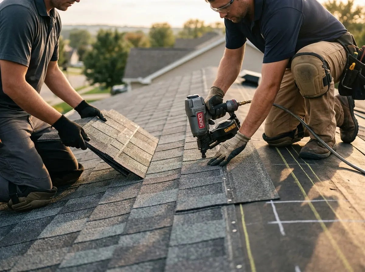 Professional roofer working on a residential roof in Central City
